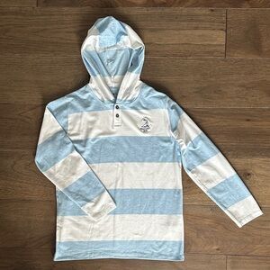 Tate Stripe Henley Pullover, Blue & White Long Sleeve Hooded Tee, Pinehurst Logo